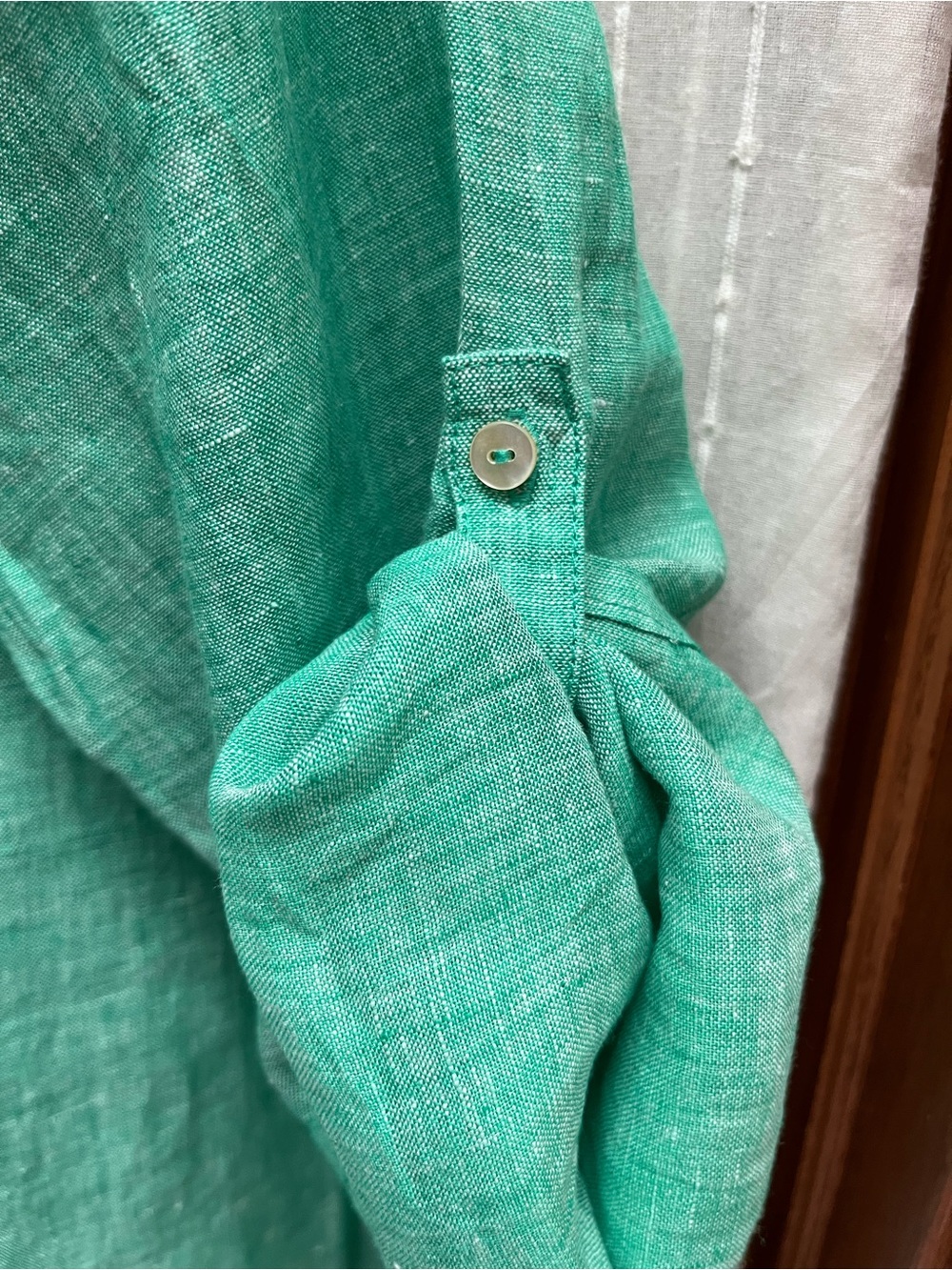 🔆Tahari 100% Linen Collarless Tunic Top Kelly Green Roll Tab Sleeve Sz 2X - Picture 4 of 7